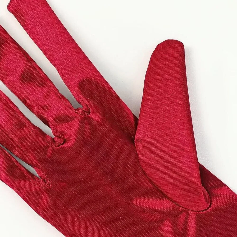 Women's Burgundy Satin Pearl Short Length Gloves Wedding Banquet Party Prom